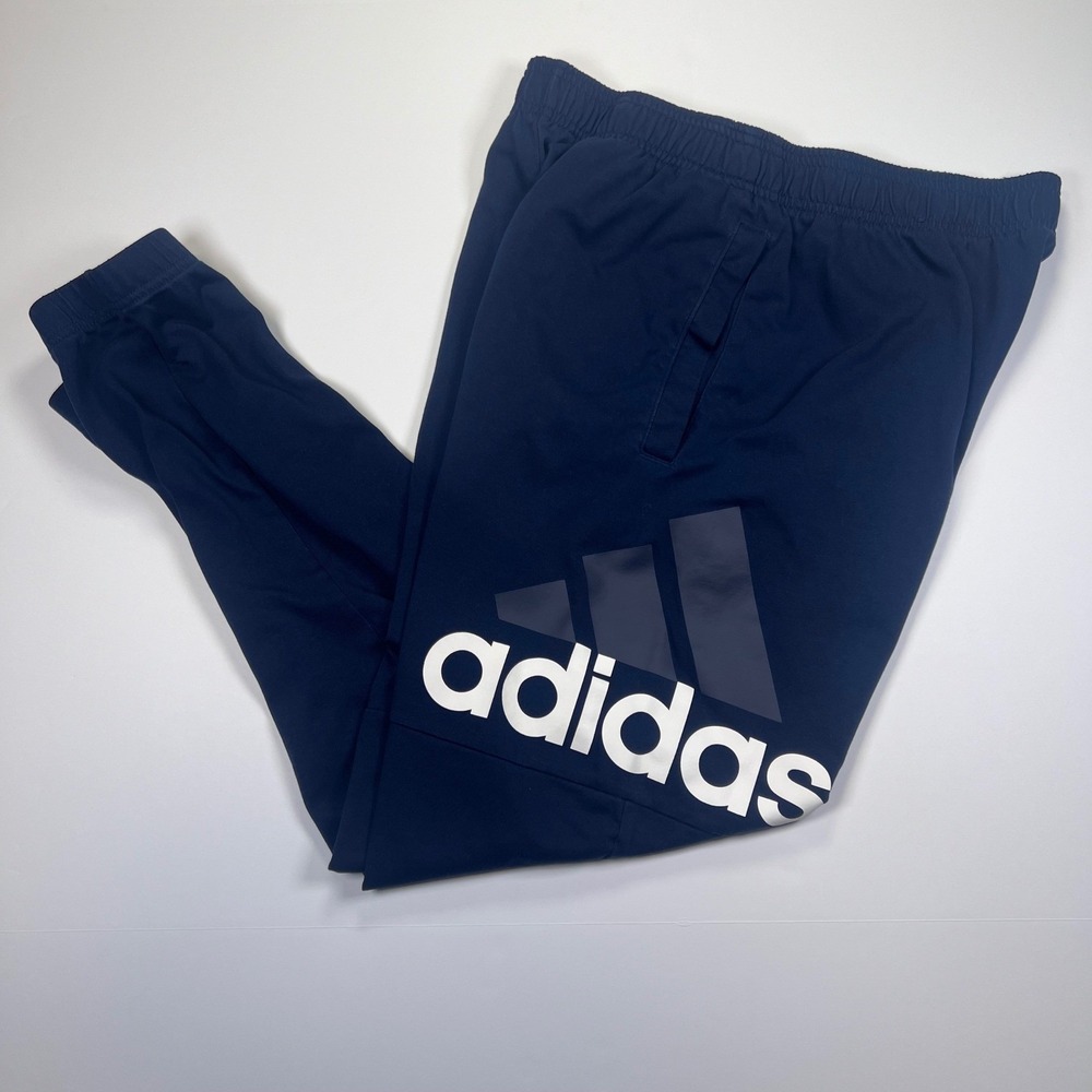 Adidas Joggers Mens Medium Navy Blue Graphic Logo Tapered Athletic Pants